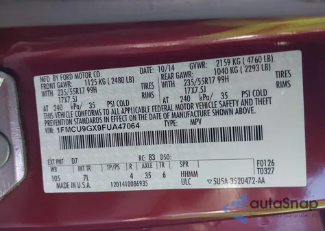 2015 Ford Escape Se from USA, damaged, VIN 1FMCU9GX9FUA47064